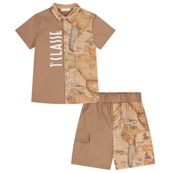Boys Beige Geo Map Logo Shorts Set