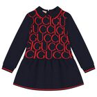 Younger Girls Navy Blue & Red Jacquard Dress, 1, hi-res