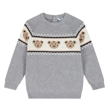 Younger Boys Grey Teddy Bear Knitted Jumper