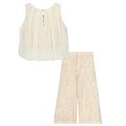 Girls Beige & Gold Chiffon & Sequin Lace Trousers Set, 1, hi-res