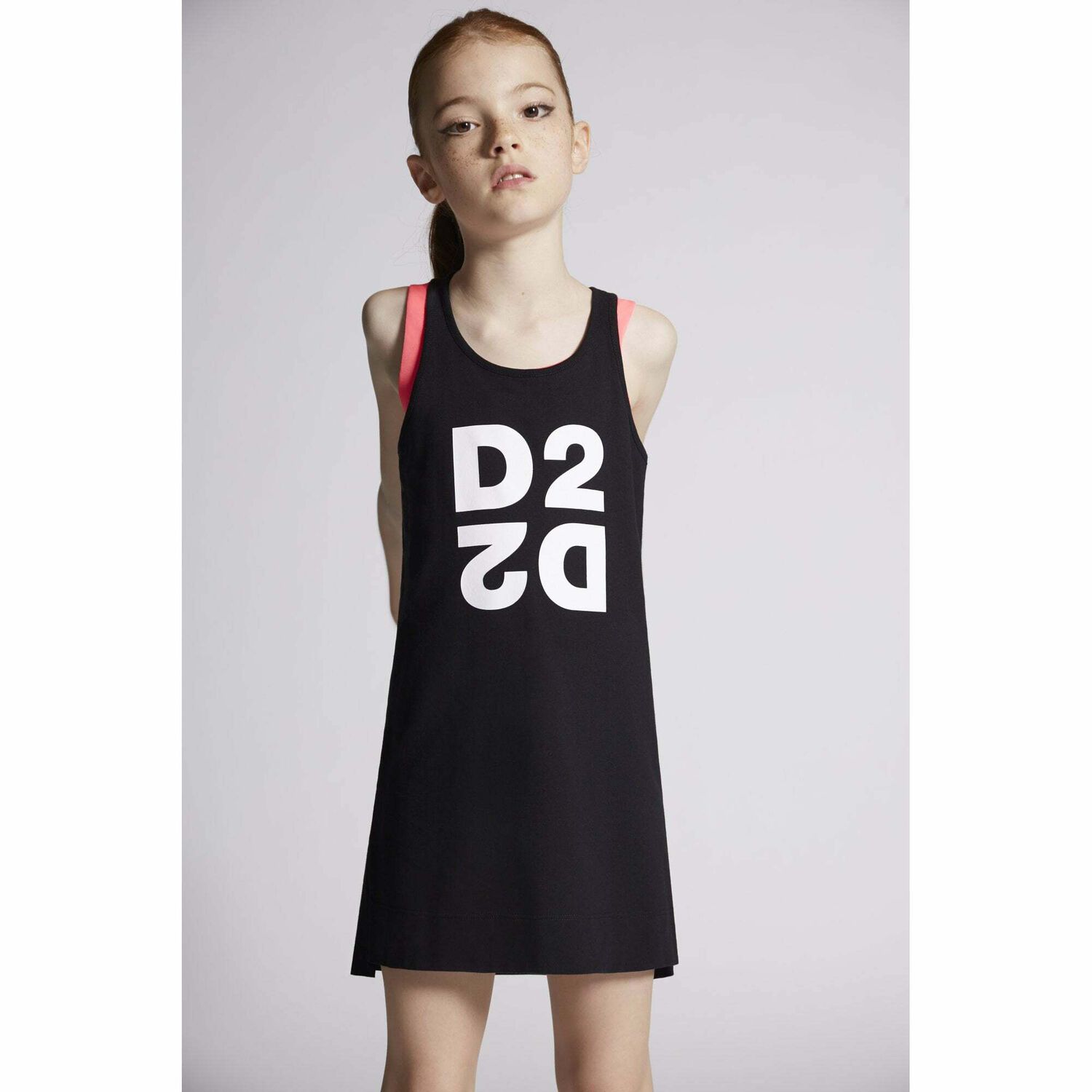 Girls Black Cotton Logo Dress, 1, hi-res