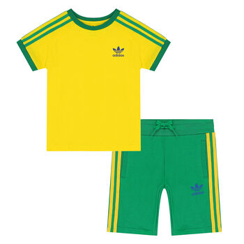 Yellow & Green 3-Stripes Logo Shorts Set
