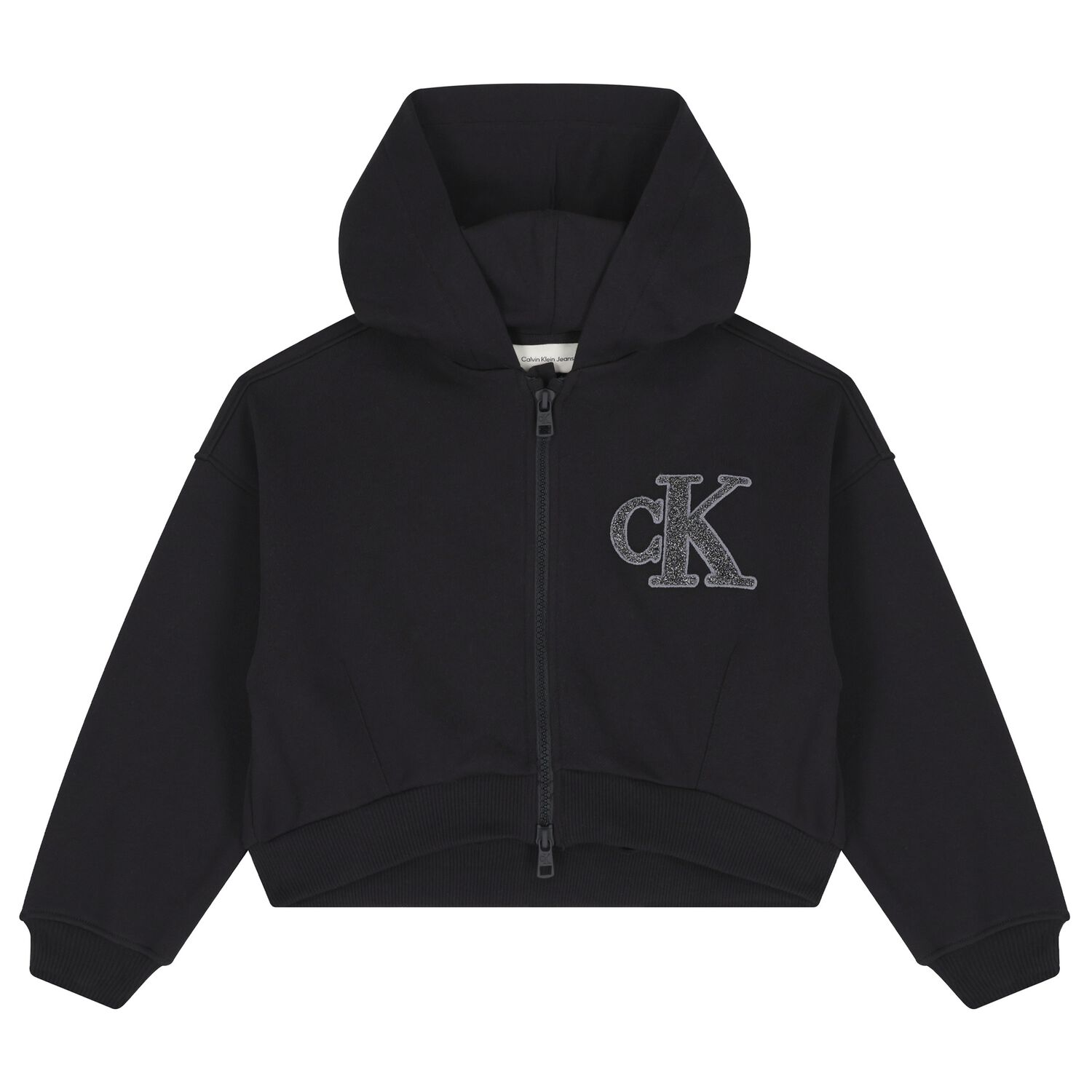 Girls Black Logo Hooded Zip Up Top, 1, hi-res