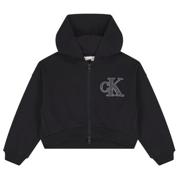 Girls Black Logo Hooded Zip Up Top