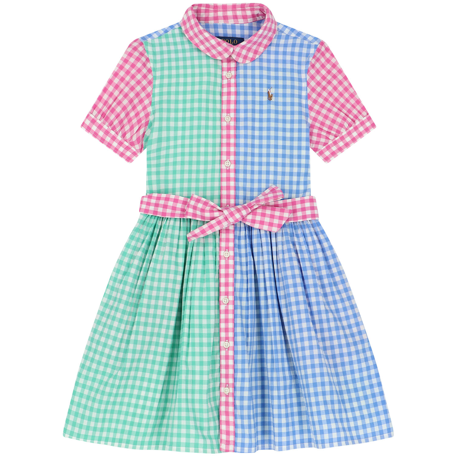 Girls Green & Blue Gingham Logo Dress, 1, hi-res