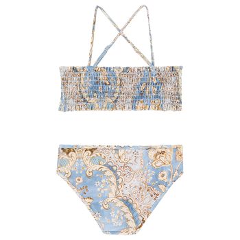 Girls Beige & Blue Floral Bikini