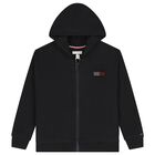 Girls Black Embellished Logo Hooded Zip Up Top, 1, hi-res