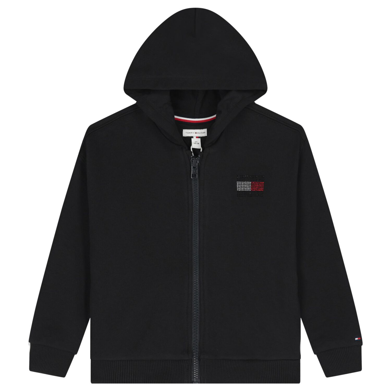 Girls Black Embellished Logo Hooded Zip Up Top, 1, hi-res
