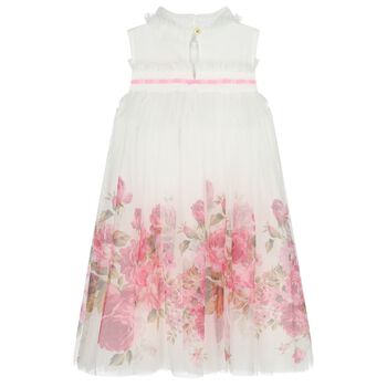 Girls White & Pink Floral Tulle Dress