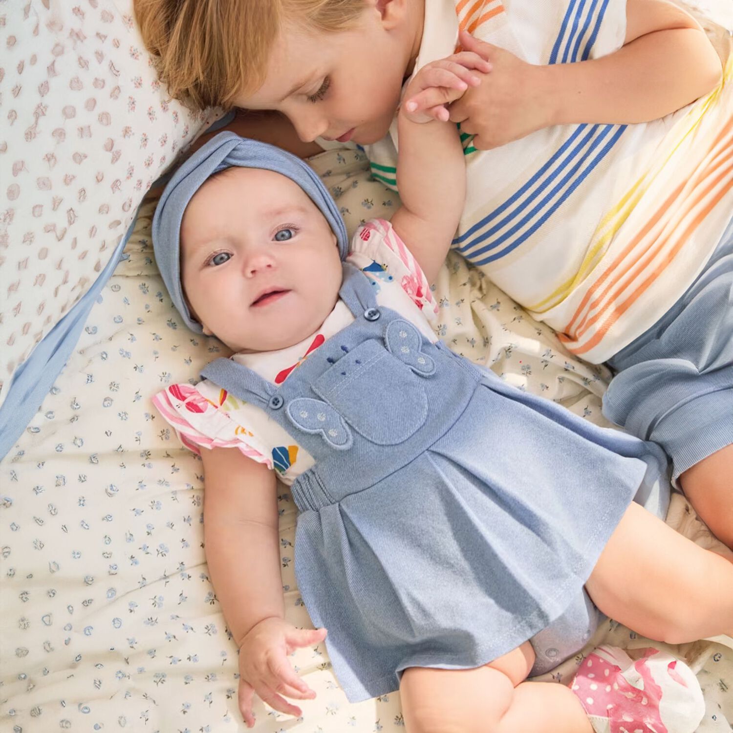 Baby Girls White & Blue Dungaree Set, 1, hi-res image number null