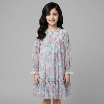 Girls Pink & Blue Floral Tulle Dress