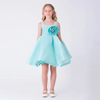 Girls Aqua Satin Floral Applique Dress