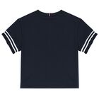 Girls Navy Blue Logo Ribbed T-Shirt, 1, hi-res