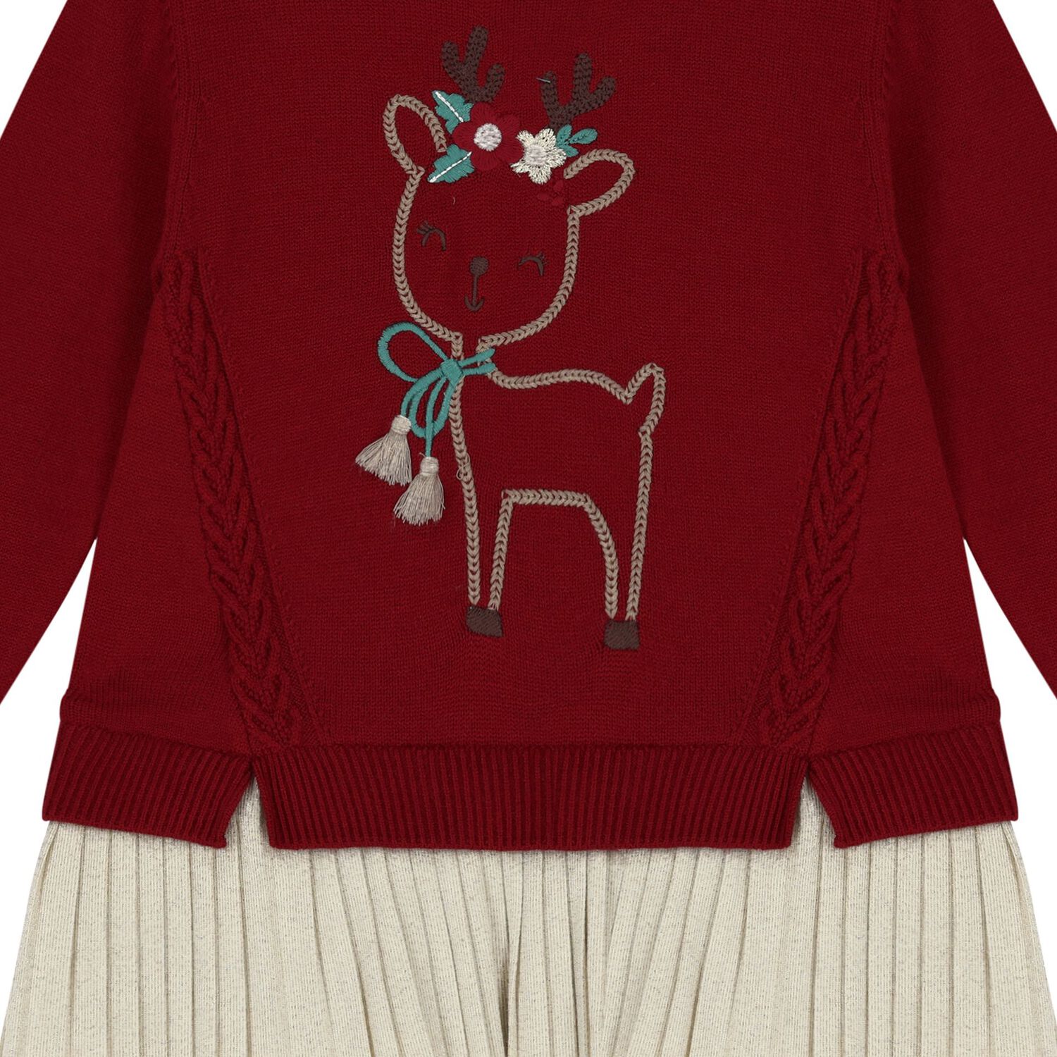 Younger Girls Red & Beige Knitted Reindeer Dress, 1, hi-res