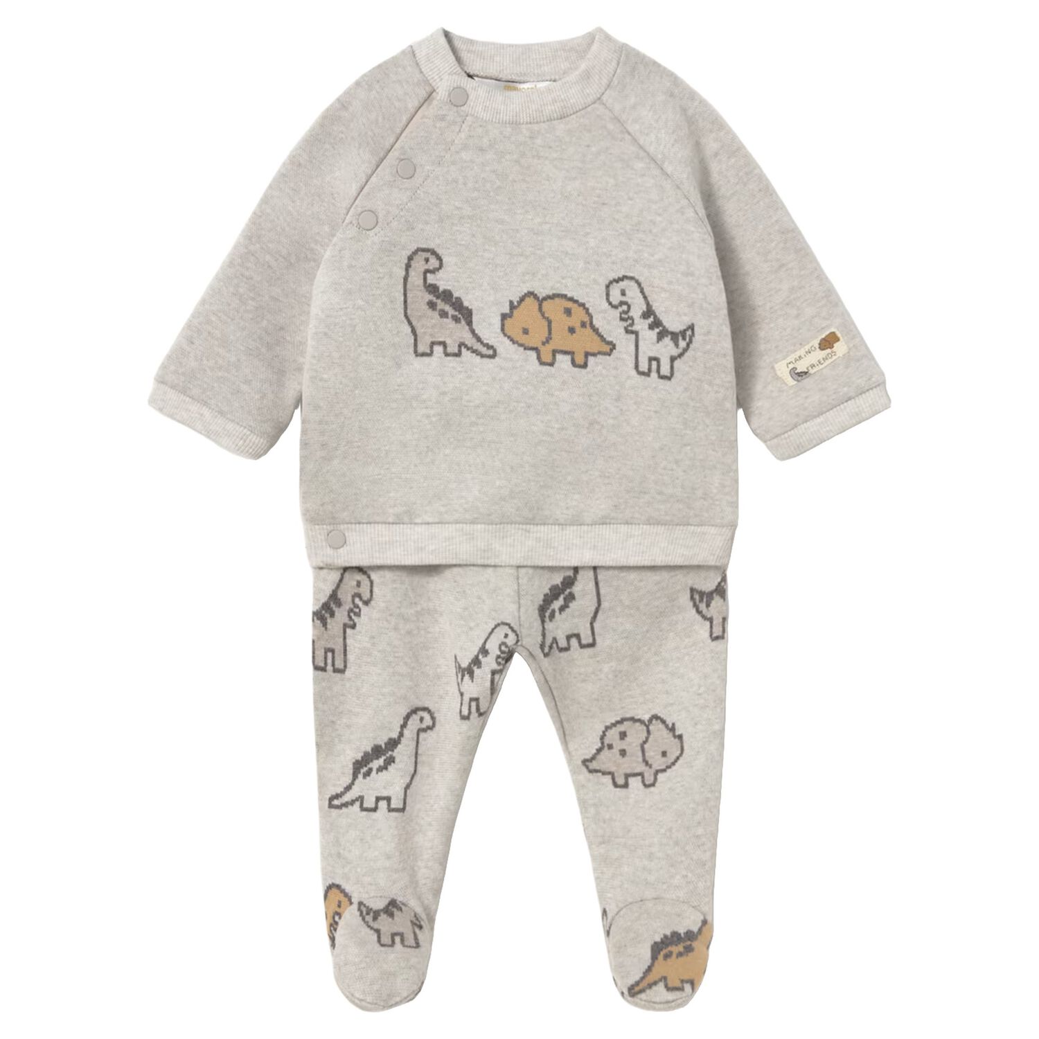 Baby Boys Grey Dinosaur 2 Piece Babygrow, 1, hi-res