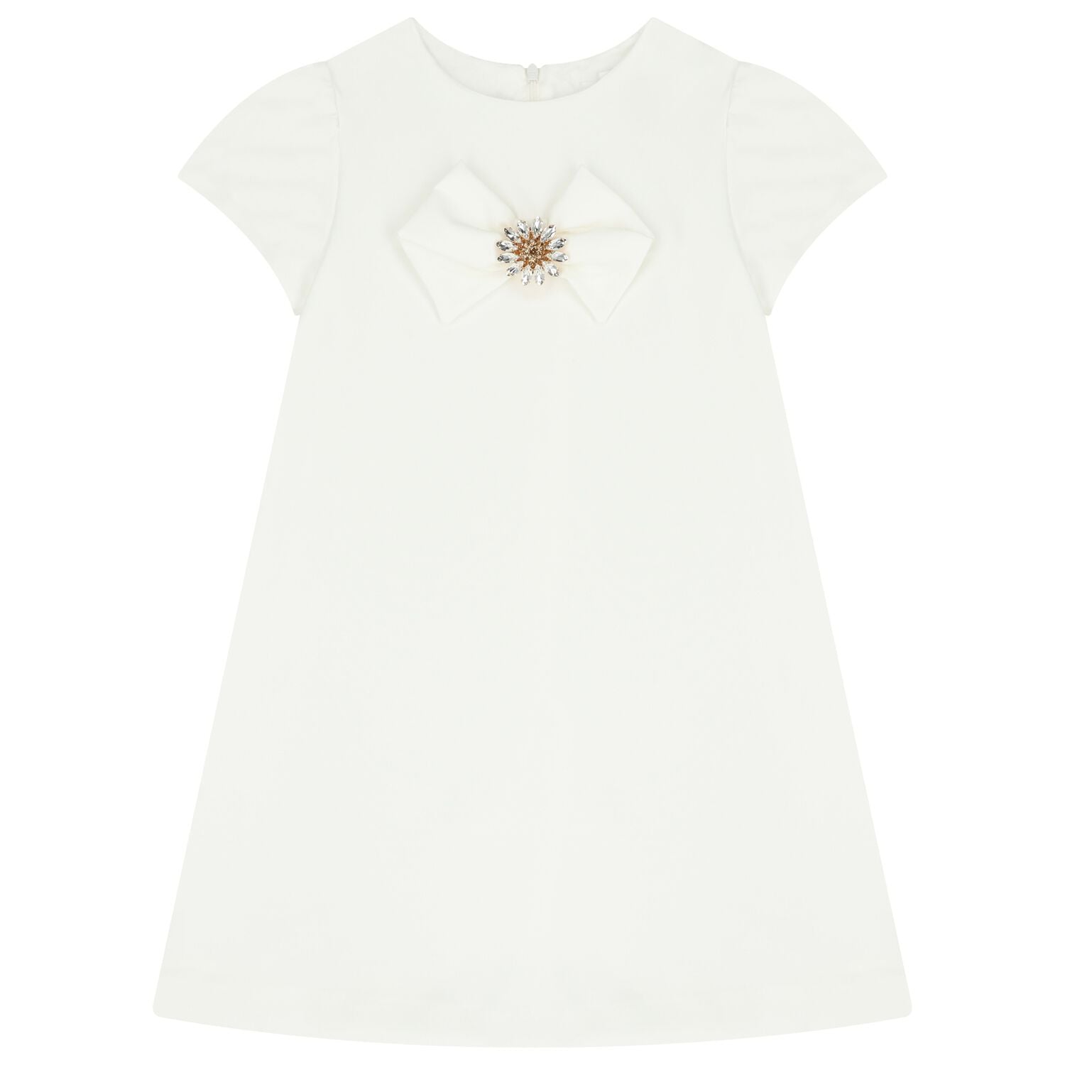 Girls White Bow Diamante Dress, 1, hi-res