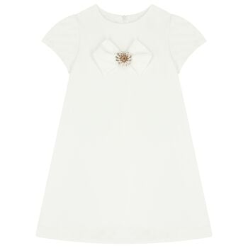 Girls White Bow Diamante Dress