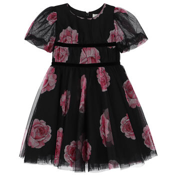 Girls Black & Pink Roses Tulle Dress