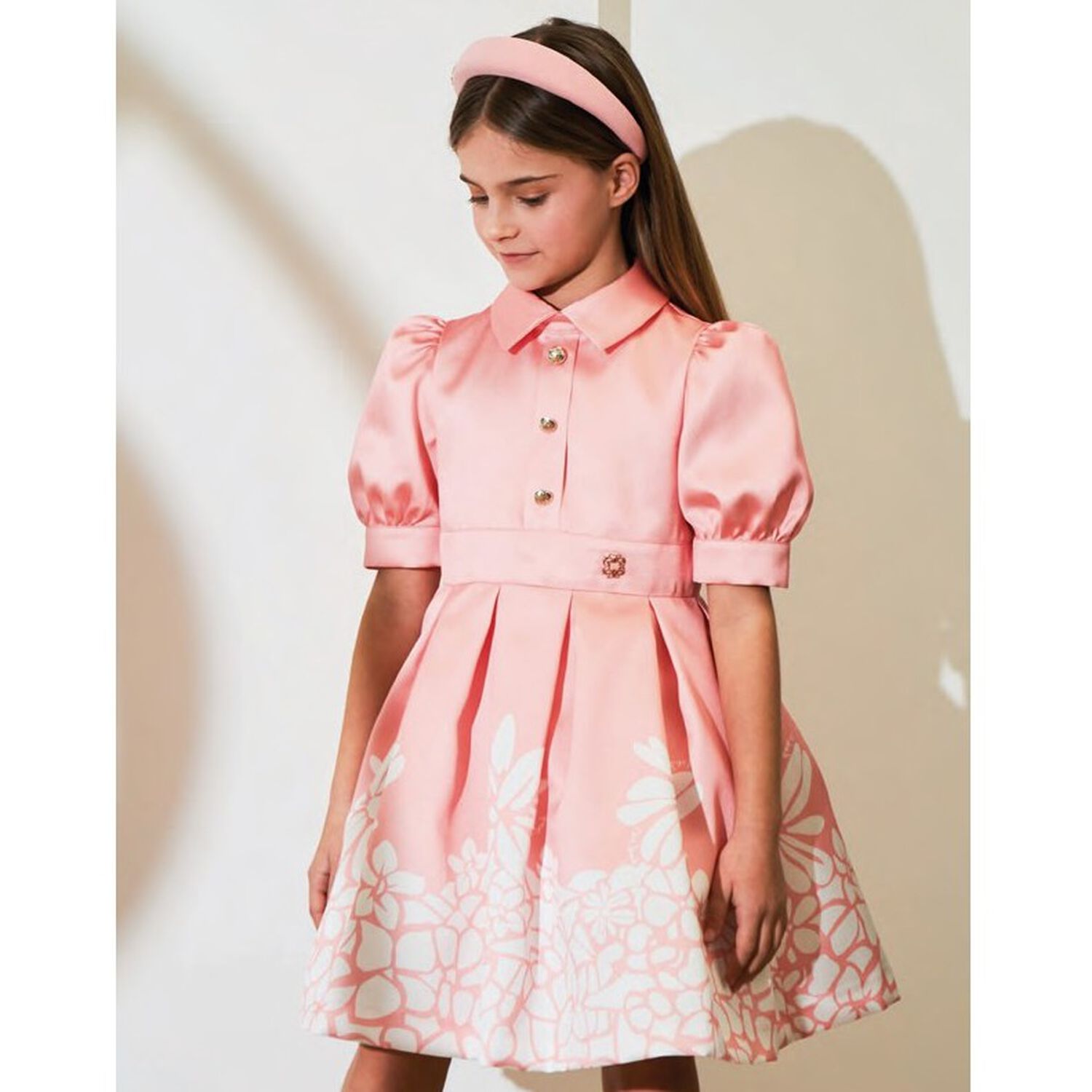 Girls Pink Mikado Floral Dress, 2, hi-res