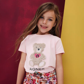 Girls Pink Teddy Bear Logo T-Shirt