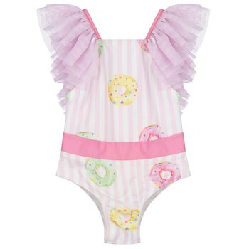 Girls White & Pink Striped Donuts Swimsuit