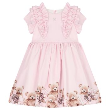 Girls Pink Teddy Bear Ruffled Dress