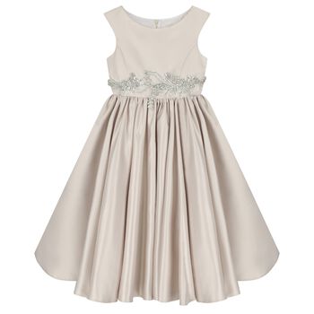 Girls Beige Crystal Waist & Satin Dress 