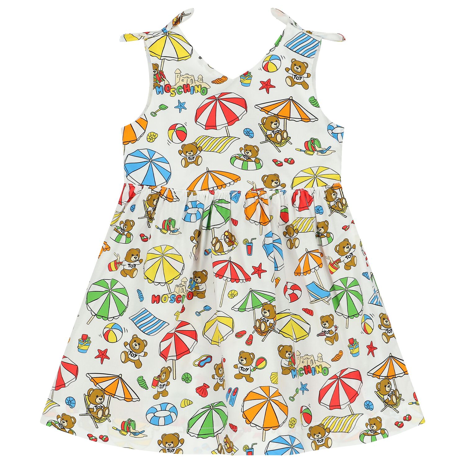 Younger Girls White Teddy Bear Logo Dress, 1, hi-res