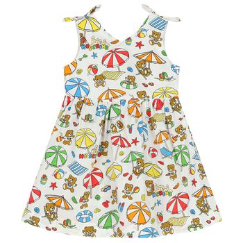 Younger Girls White Teddy Bear Logo Dress