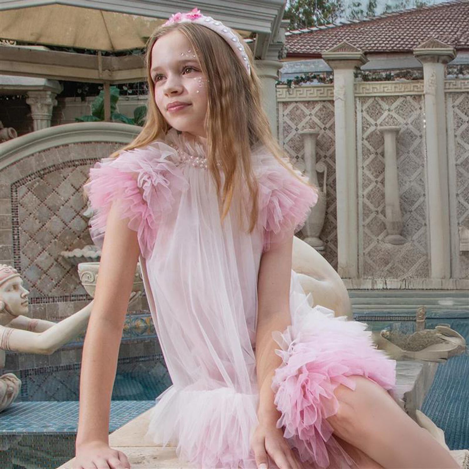 Girls Pink Embellished Tulle Dress, 1, hi-res