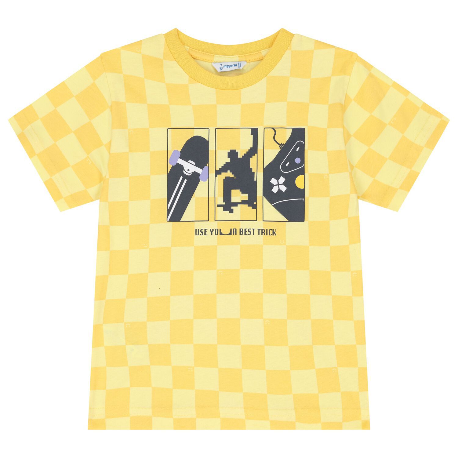Boys Yellow & White Check Skater T-Shirt, 1, hi-res