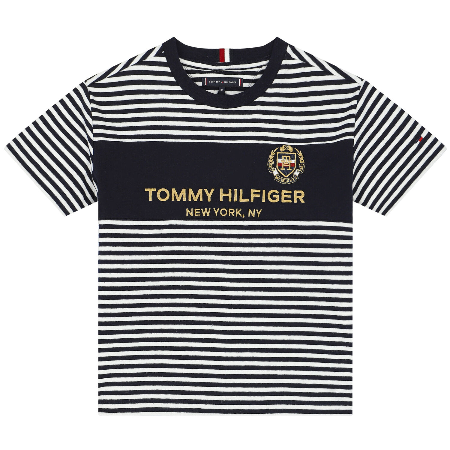 Boys Navy & White Logo Stripe T-Shirt, 1, hi-res
