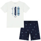 Boys Ivory & Navy Skateboard Shorts Set, 1, hi-res
