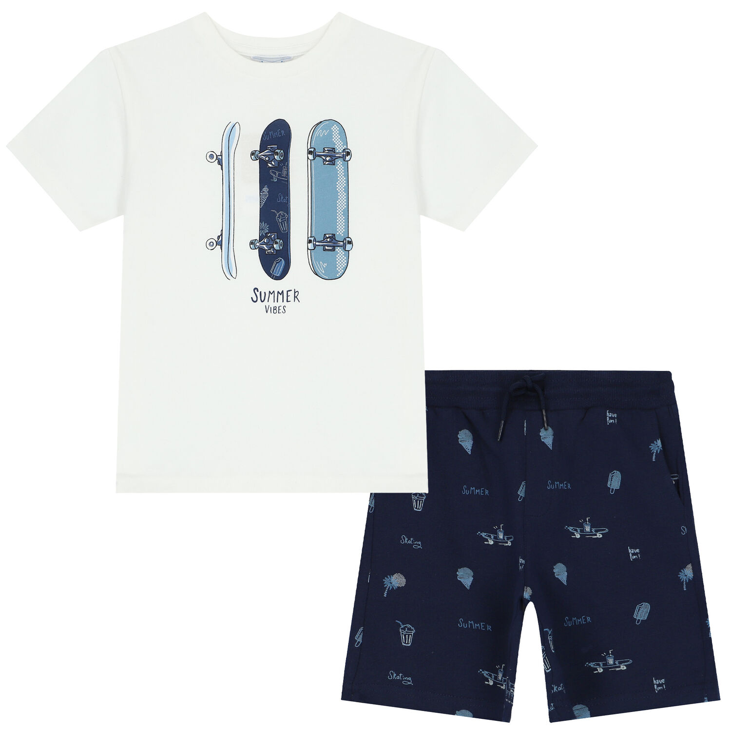 Boys Ivory & Navy Skateboard Shorts Set, 1, hi-res