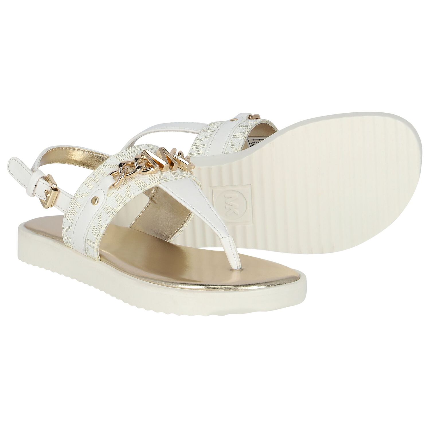 Girls Ivory & Gold Logo Sandals, 1, hi-res