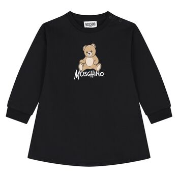 Younger Girls Black Teddy Bear Logo Dress