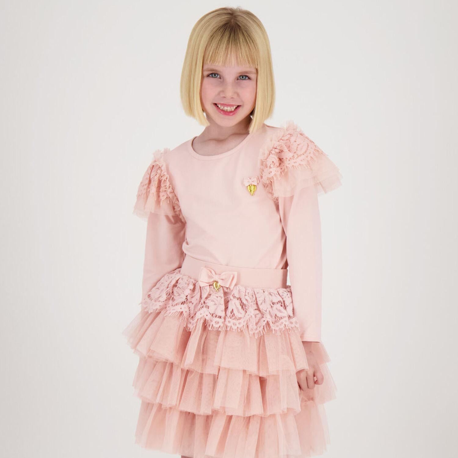 Girls Pink Lace Long Sleeve Top, 1, hi-res