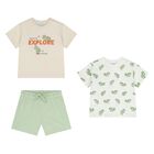 Younger Boys Beige, Ivory & Green Shorts Set, 3, hi-res