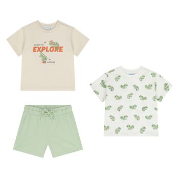 Younger Boys Beige, Ivory & Green Shorts Set