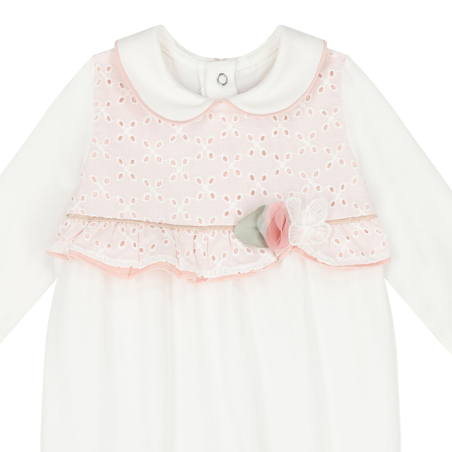 Baby Girls White & Pink Broderie Anglaise Babygrow, 1, hi-res