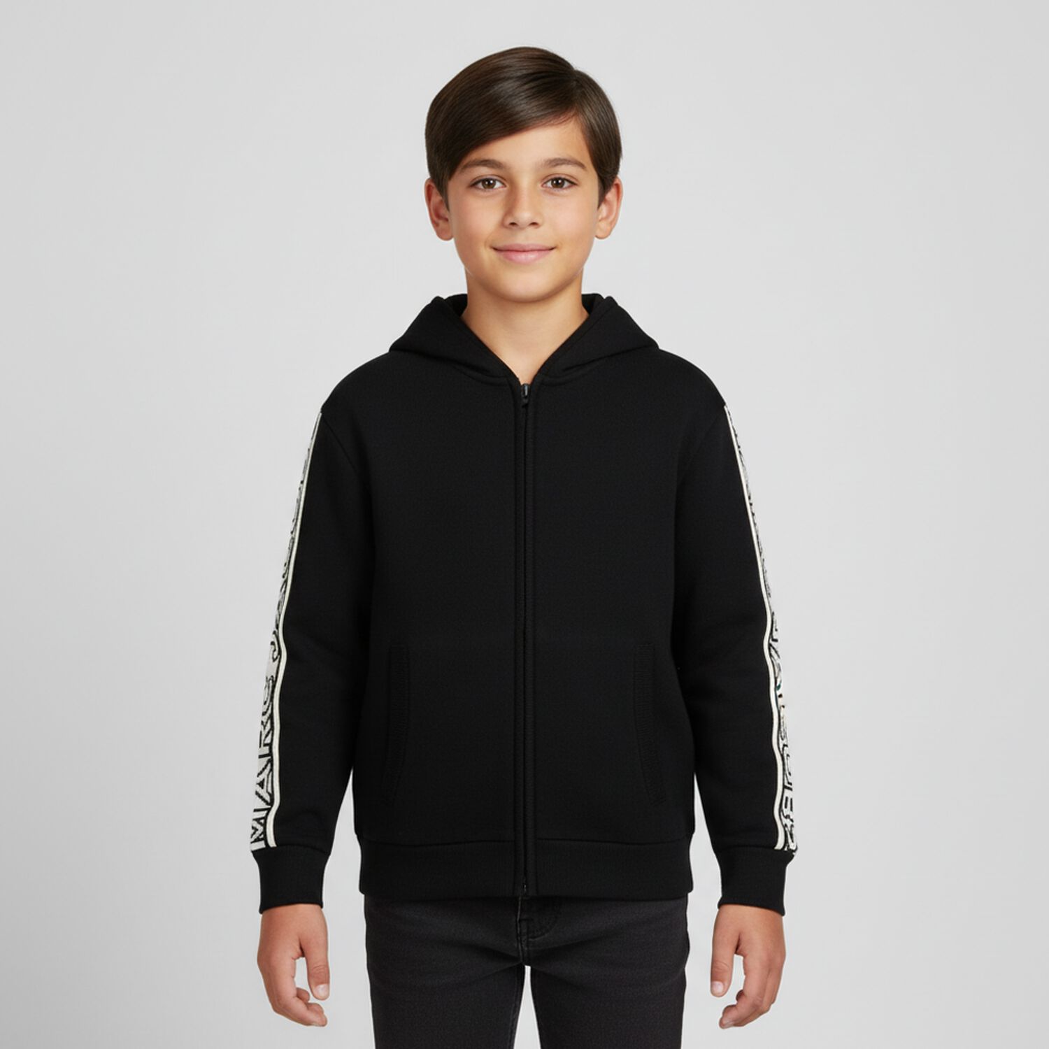 Black Logo Hooded Zip Up Top, 1, hi-res image number null