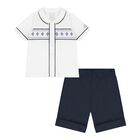 Baby Boys White & Navy Blue Shorts Set, 1, hi-res