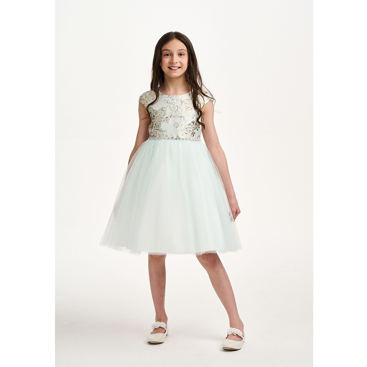 Girls Green Floral Jacquard Dress, 1, hi-res image number null