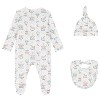 Baby Boys Blue & White Carousel & Hot Air Balloon Babygrow Set