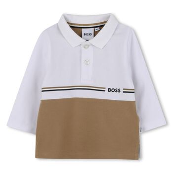 Younger Boys White & Beige Logo Polo Shirt