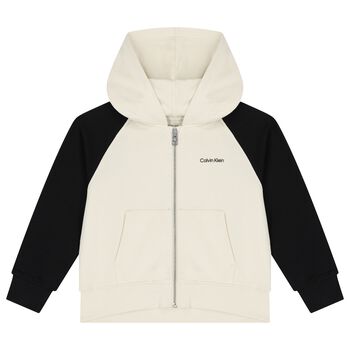 Boys Ivory & Black Logo Hooded Zip Up Top
