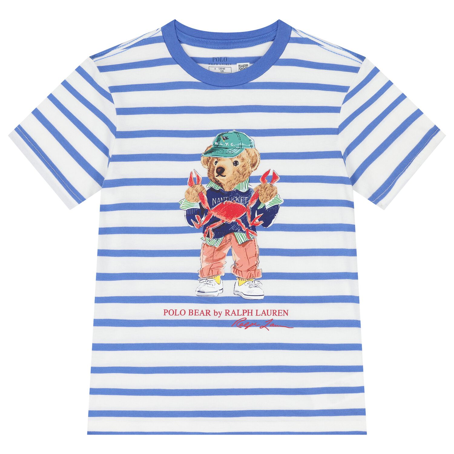 Boys Blue Striped Cotton Polo Bear T-Shirt, 1, hi-res