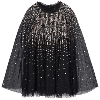 Girls Black Sequinned Tulle Cape Dress