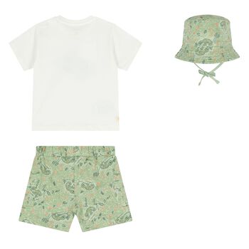 Younger Boys White & Green Shorts & Hat Set