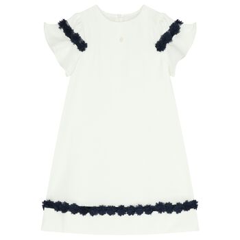 Girls Ivory & Navy Blue Flower Crepe Dress